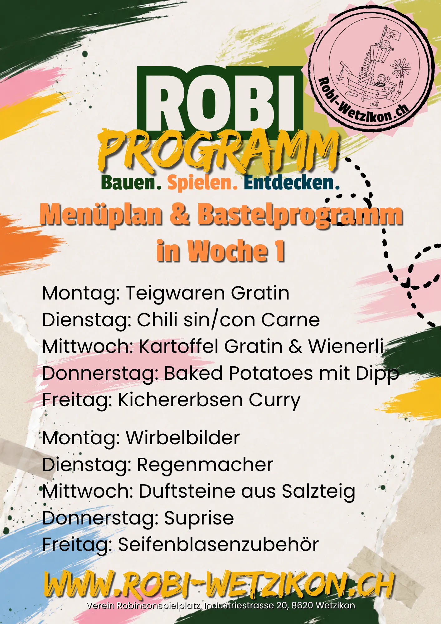 Menüplan und Bastelprogramm für Woche 1 des Robi-Ferienplauschs.