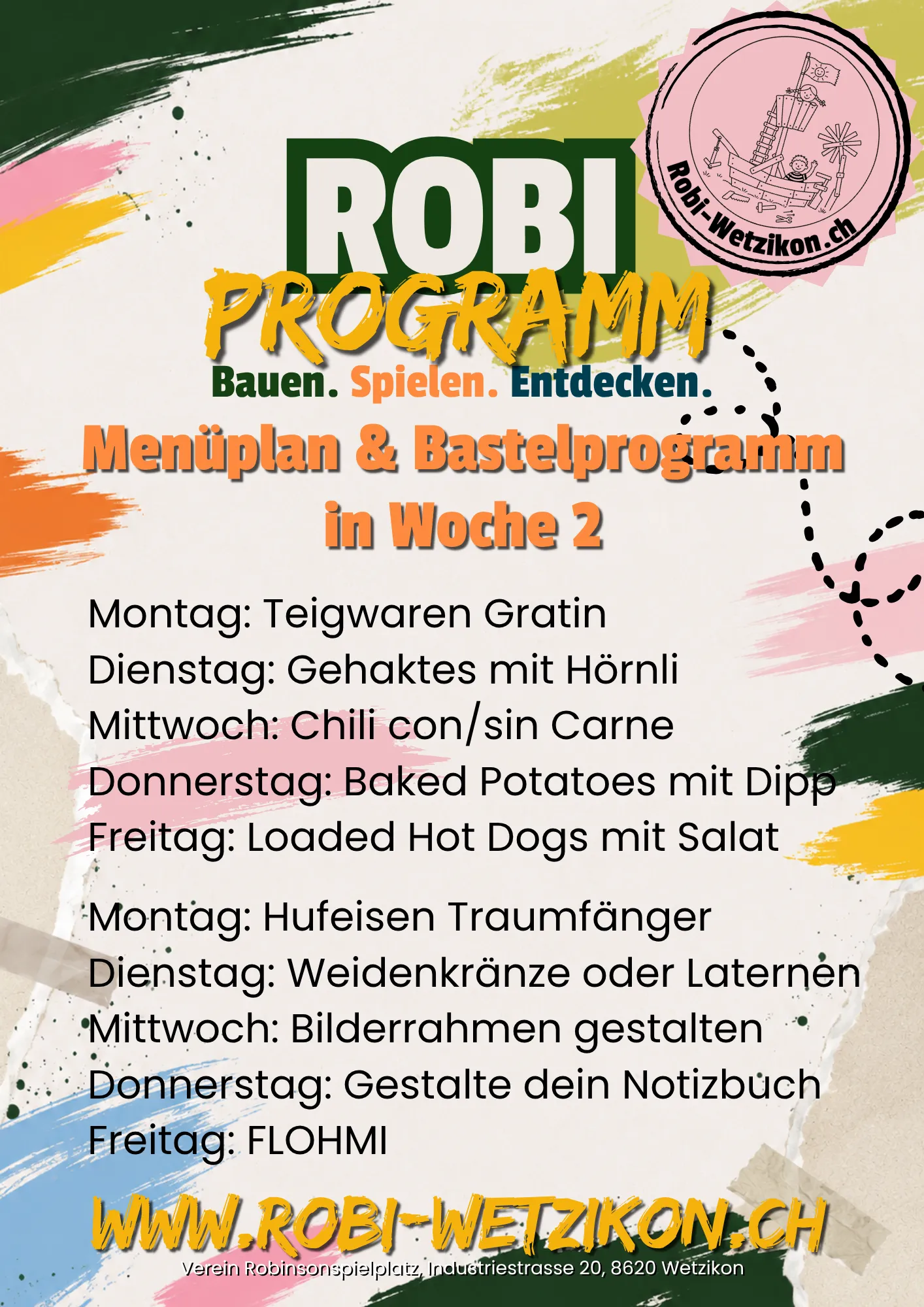 Menüplan und Bastelprogramm für Woche 2 des Robi-Ferienplauschs.
